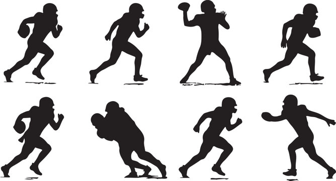 American football players silhouette collection running passing tackling