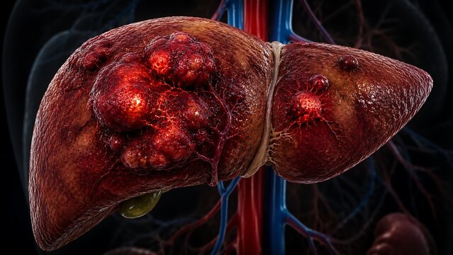 Liver Cancer with Malignant Tumors in Human Liver and Hepatic Oncology Concept, Medical Illustration