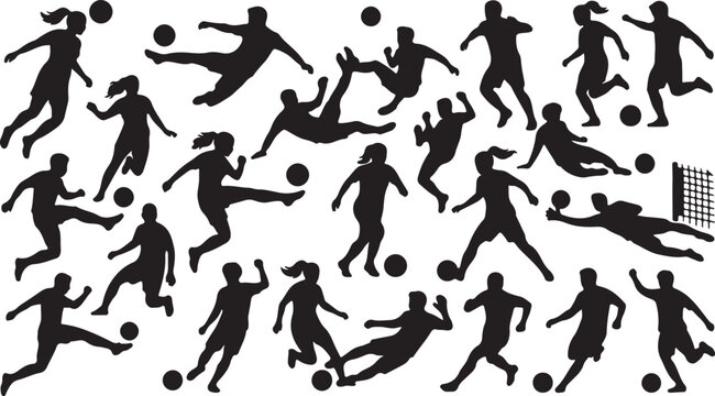 Diverse soccer players silhouette collection dynamic action poses