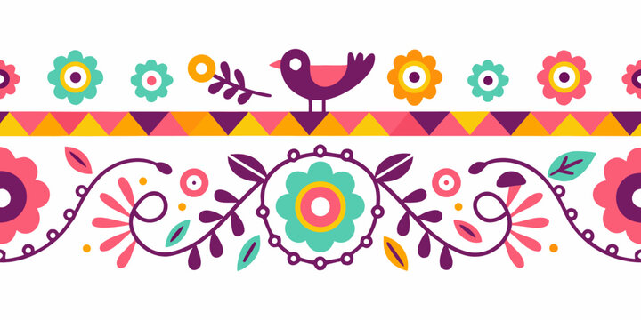floral border with flowers birds and geometric shapes