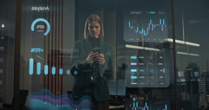 Businesswoman Standing Inside Corporate Office Using Smartphone by Reflective Window Showing Augmented Marketing Analytics Dashboard, Percentage Growth Indicators, Data Visualization Fintech Insights