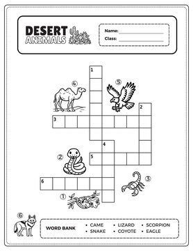 Black and white desert animals crossword worksheet for kids. Educational printable activity for kindergarten and grade 1 students.