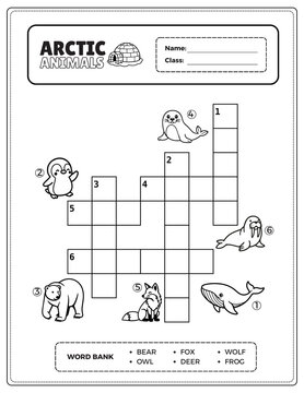 Black and white arctic animals crossword worksheet for kindergarten and grade 1 kids. Printable educational activity with cute animal illustrations