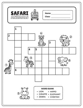 Black and white safari animals crossword worksheet for kindergarten and grade 1 kids. Printable educational activity with cute animal illustrations