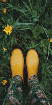 Looking down at yellow rubber boots and floral leggings standing in wet green grass with flowers, overhead view
