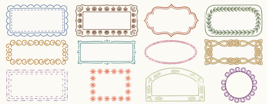 Doodle coastal frame set. Hand drawn colorful border collection. Minimal square, circle and rectangle shapes. Elegant Mediterranean italian sea theme empty banner, poster, placard, postal stamp decor.
