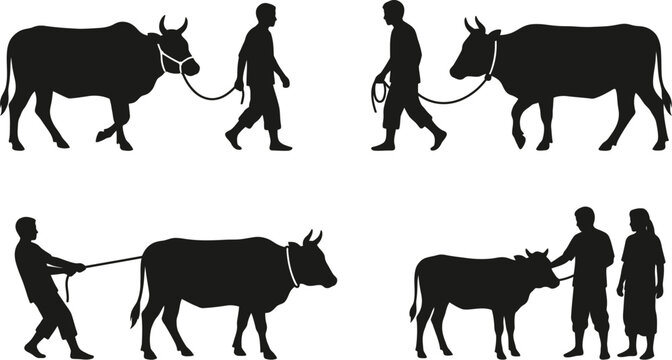 cattle and herder silhouettes black and white vector illustration