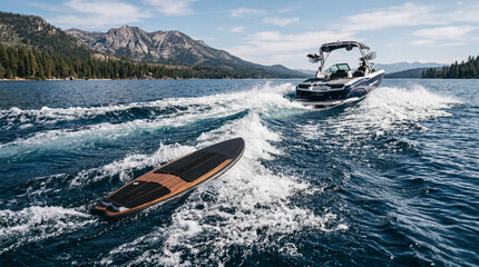 Fototapeta premium Premium wake surf board floating behind an empty luxury speedboat with wake sculpted water photography