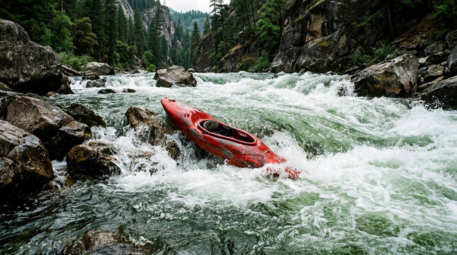 Whitewater kayak trapped mid rapid among jade waves with intense foam detail refined sports photography