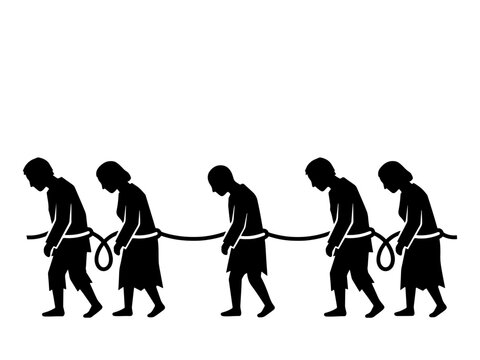 Black and white vector illustration of a group of men and women walking with bowed heads, tied together at the waist with a rope, symbolizing human trafficking and oppression.