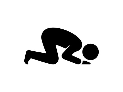 A minimalist black silhouette of a person performing sujud, the prostration in Islamic prayer, representing faith, devotion, and sacred worship on a white background.