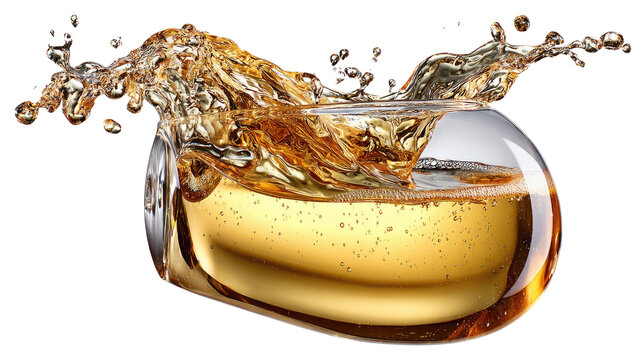 Golden Elixir Splash: A dynamic splash of amber liquid erupts from a clear glass, creating an exhilarating visual of refreshment and pure delight.
