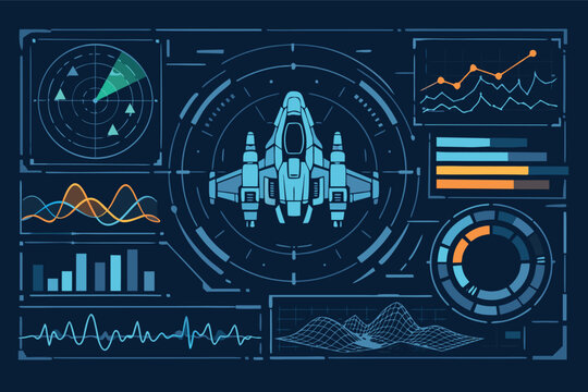 Futuristic tactical overview interface featuring a central spaceship icon, radar scan, complex data visualizations, line graphs, bar charts, and 3D wireframe terrain for sci-fi gaming HUD.