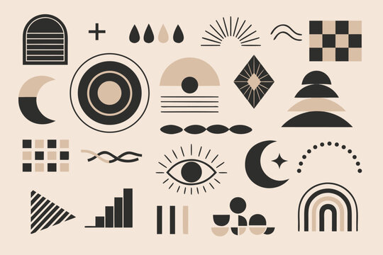 Abstract Geometric Elements Vector Set in Black and Beige. Minimal Modern Design for Branding, Posters, and Social Media. Includes Celestial Moon, Sun, Eye, Rainbow, and Boho Shapes for Decor.