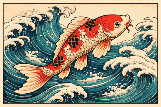 Vintage Japanese Woodcut Style Vector Illustration of a Koi Carp Fish Swimming Through Stylized Blue Ocean Waves, Traditional Ukiyo-e Art Design with Orange and Black Koi, Oriental Nature Scene.