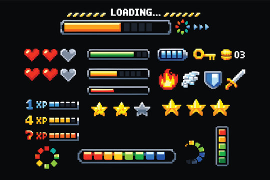 Pixel Art Retro Video Game UI Elements Set with Loading Bars, Health Hearts, XP Status Indicators, Level Progress Meters, Arcade Gaming Icons, Shield, Sword, Key, Coins, and Star Rating Graphics
