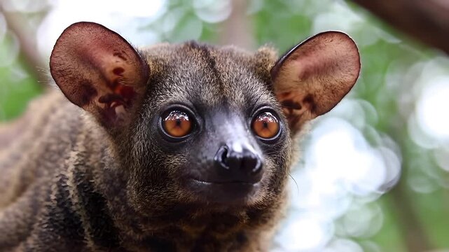 Extreme close up portrait of a brown greater galago or thick-tailed bushbaby, an African nocturnal primate, showing its large amber eyes, prominent round ears, and sharp teeth