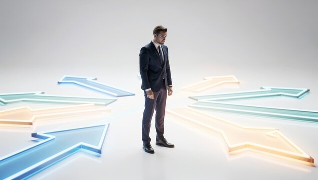 Businessman stands at a crossroads with multiple glowing arrows pointing in different directions