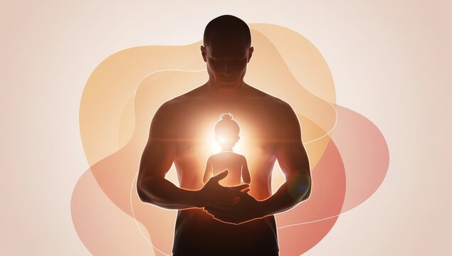 Adult figure embracing inner child silhouette with glowing light and abstract shapes