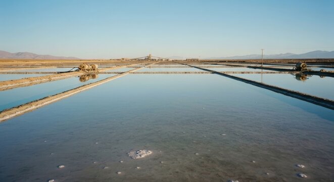 Water ponds in a grid pattern with distant buildings
