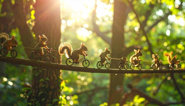 Adorable Squirrels Cycling on a Tightrope in a Sunlit Forest