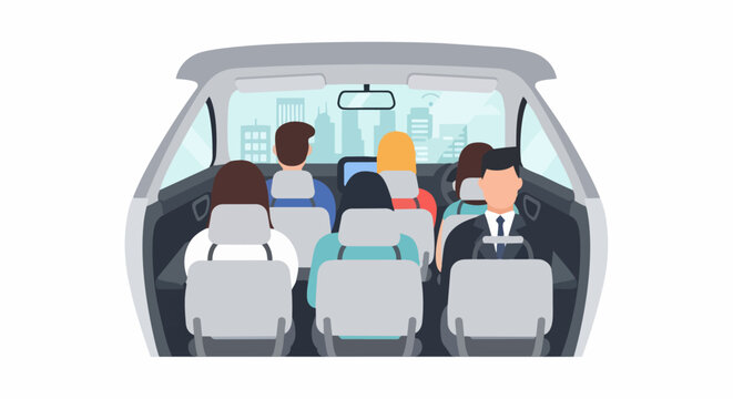 Flat vector illustration of passengers in a smart autonomous shuttle or minibus traveling through a modern city