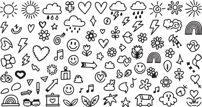 Hand drawn doodle icons collection with suns hearts clouds flowers stars in various shapes and sizes musical note smiley face black and white collection childish artistic creative
