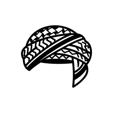 Black and white line art of a traditional turban with geometric patterns, representing Middle Eastern and Indian cultural headwear.