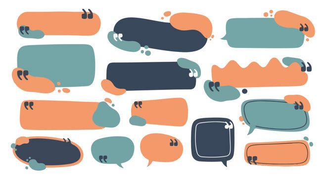 A collection of colorful blue, teal, orange, and dark grey abstract text boxes and speech bubbles featuring decorative quotation marks, organic fluid shapes, and minimalist frames isolated on white.