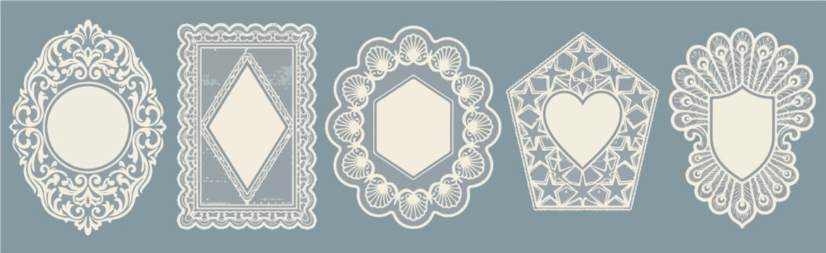 Vintage retro lace frame collection. Whimsical rectangular elegant lace doilies in crochet style with floral decorative borders. Whimsical silhouettes, squiggle shapes for wedding invitation cards
