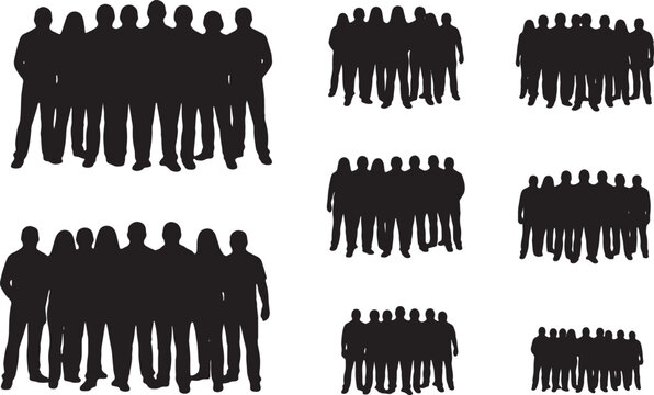 Set of black silhouettes depicting diverse groups and crowds of people in various formations with silhouettes population community abstract gathering multitude together connection