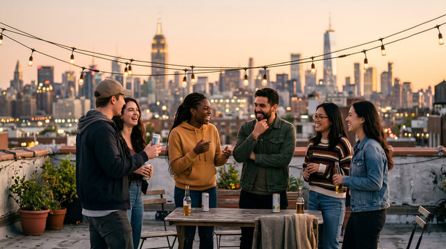 Young Friends Socializing on Urban Rooftop at Sunset