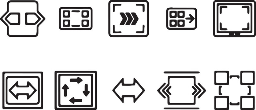 Set of nine user interface icons for resizing scaling manipulating elements with arrows and squares contract pictogram illustration fullscreen minimize maximize collection