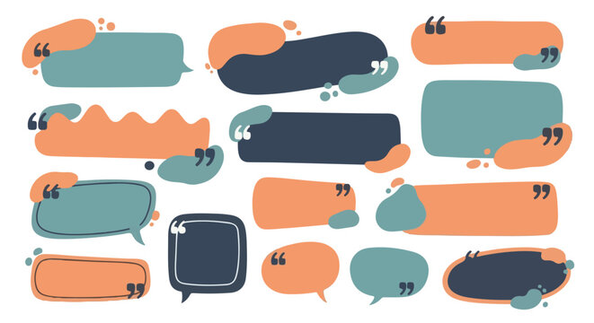 A collection of colorful blue, teal, orange, and dark grey abstract text boxes and speech bubbles featuring decorative quotation marks, organic fluid shapes, and minimalist frames isolated on white. 
