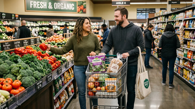 Young Couple Shopping for Healthy Food in Grocery Store