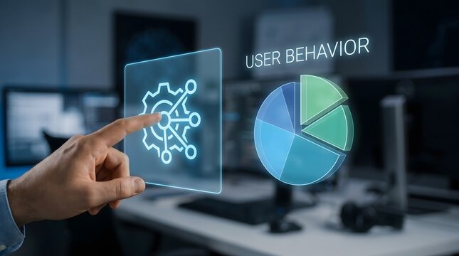 Hand pointing at futuristic holographic screen displaying user behavior analytics and pie chart.