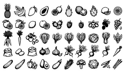 Hand drawn fruits and vegetables outline vector icon collection © MstKamrun