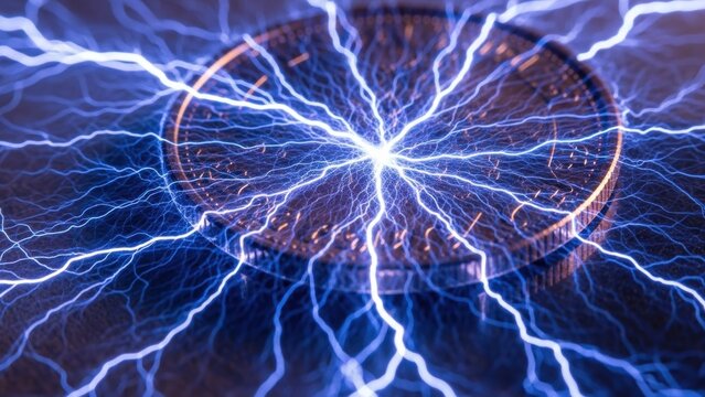 A coin being zapped with crackling blue electricity.