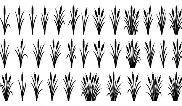 Black cattail reed illustration collection with swamp grass silhouette vector designs