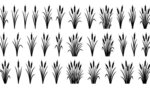 Minimal cattail swamp grass icon set with black reed silhouette vector illustrations