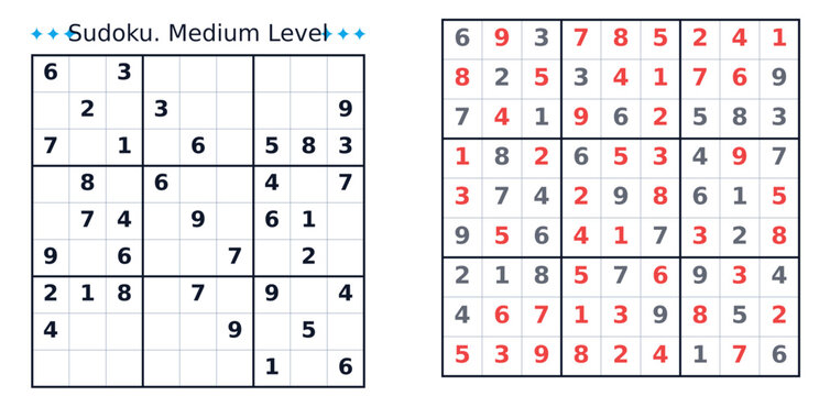 Sudoku puzzle layout with medium level grid and solution  