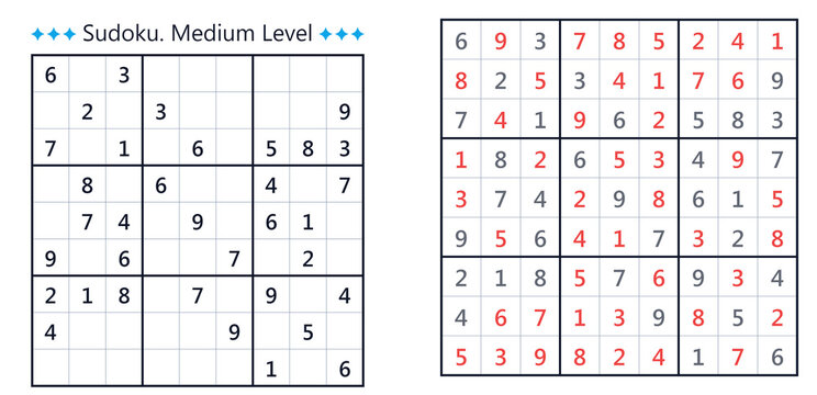 Sudoku puzzle medium level with filled numbers and blank grid  