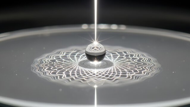 Crystal ball levitating over a geometric light pattern on water.