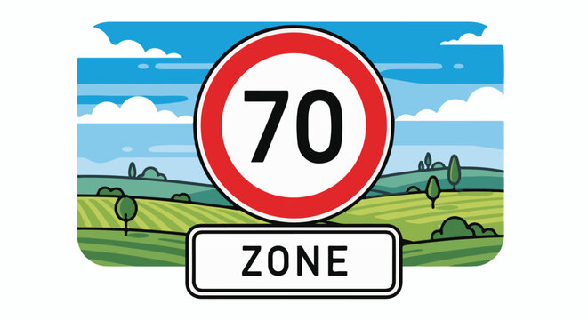 A speed limit sign for a 70 zone is set against a backdrop of rolling green fields and a blue sky