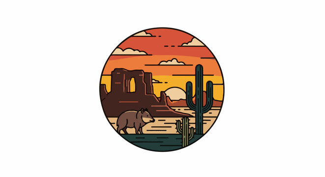 A solitary peccary wanders through a desert landscape at sunset, featuring cacti and rock formations
