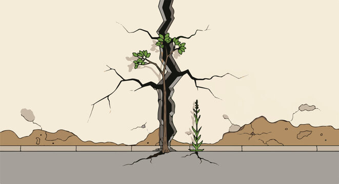 A small tree and grass sprout from a large crack in a textured wall