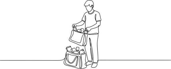 Fototapeta premium One-line drawing of a man packing groceries into a shopping bag