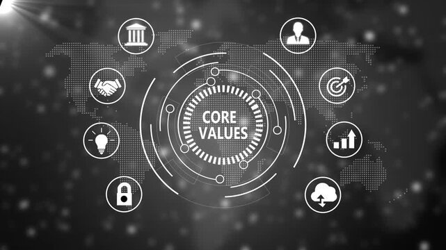 Core values business concept with digital map and corporate animation strategy mission