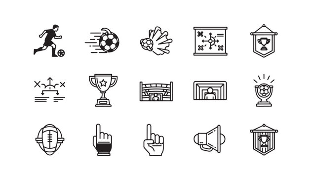 Football tournament match icons set with soccer ball, trophies, banners and stadium elements for game promotion