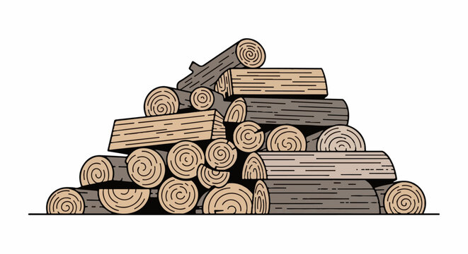 A stack of cut wood logs is piled up, showing both cross-sections and lengthwise views